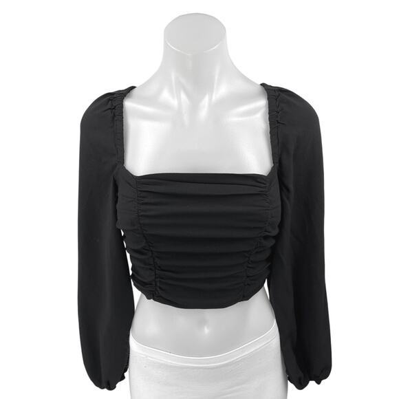 Urban Outfitters Black Long Sleeve Ruched Tie Square Neck Blouse Crop Top Size M - Picture 1 of 4